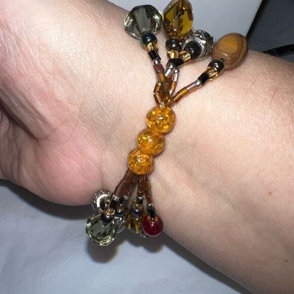 Boho Glass, Wood and Seed Bead Multi Strand Stretch Bracelet - Picture 3 of 7